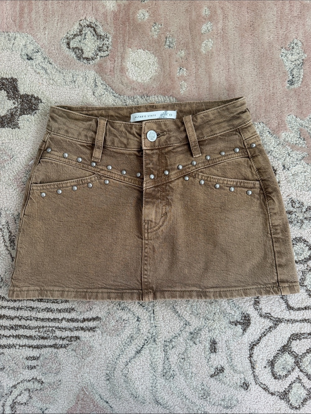 Altar'd State Brown Studded Denim Mini Skirt